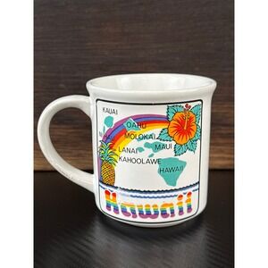 Vintage Hawaii Islands Rainbow Ceramic Coffee Mug Tropical Hibiscus Pineapple